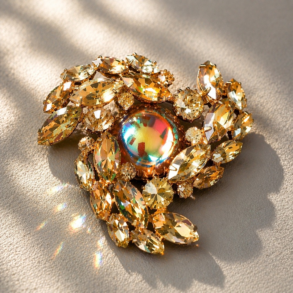Continental Aurora Borealis Rhinestone Brooch Gold & Amber Tones Vtg 2.25" Pin